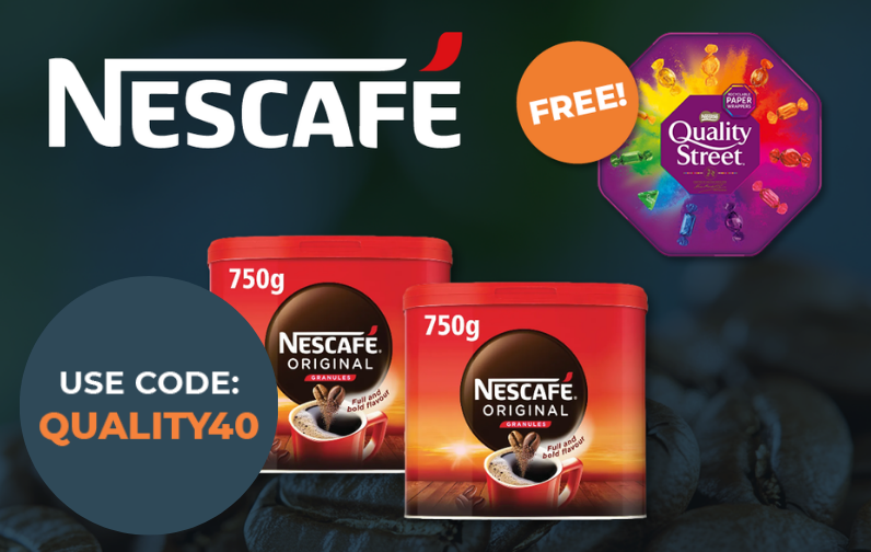 Spend 40 on select Nescafe products and claim a free tub of Quality Street with code QUALITY40.